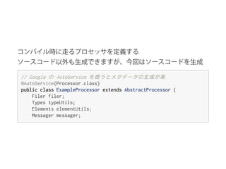 コンパイル時に走るプロセッサを定義する
ソースコード以外も生成できますが、今回はソースコードを生成
//Googleの AutoServiceを使うとメタデータの生成が楽
@AutoService(Processor.class)
publicclassExampleProcessorextendsAbstractProcessor{
Filerfiler;
TypestypeUtils;
ElementselementUtils;
Messagermessager;
 