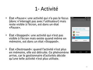 1- Activité
• État «Pause»: une activité qui n’a pas le focus
(donc n’interagit pas avec l’utilisateur) mais
reste visible à l’écran, est dans un état
«Pause».
• État «Stopped»: une activité qui n’est pas
visible à l’écran mais existe quand même en
mémoire, est dans un état «Stopped».
• État «Destroyed»: quand l’activité n’est plus
en mémoire, elle est détruite. Ce phénomène
arrive, car le gestionnaire d’activités décide
qu’une telle activité n’est plus utilisée.
15
 