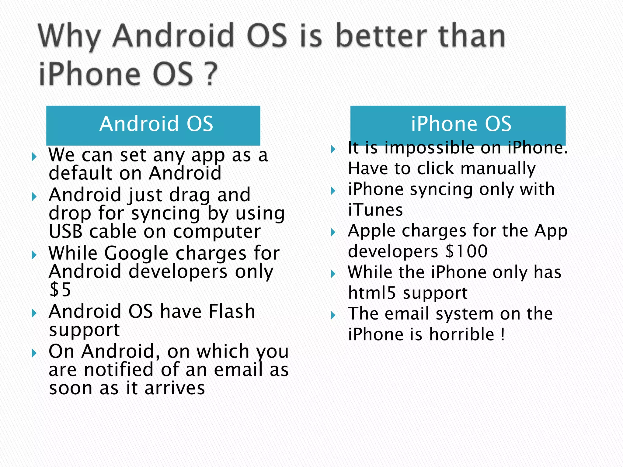 Android OS iPhone OS
 We can set any app as a
default on Android
 Android just drag and
drop for syncing by using
USB cable on computer
 While Google charges for
Android developers only
$5
 Android OS have Flash
support
 On Android, on which you
are notified of an email as
soon as it arrives
 It is impossible on iPhone.
Have to click manually
 iPhone syncing only with
iTunes
 Apple charges for the App
developers $100
 While the iPhone only has
html5 support
 The email system on the
iPhone is horrible !
 
