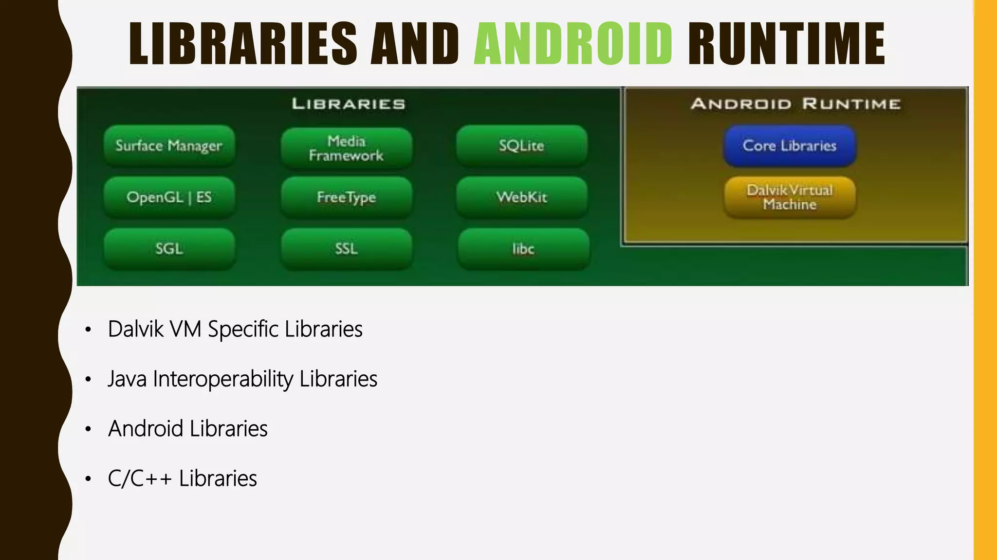 LIBRARIES AND ANDROID RUNTIME
• Dalvik VM Specific Libraries
• Java Interoperability Libraries
• Android Libraries
• C/C++ Libraries
 