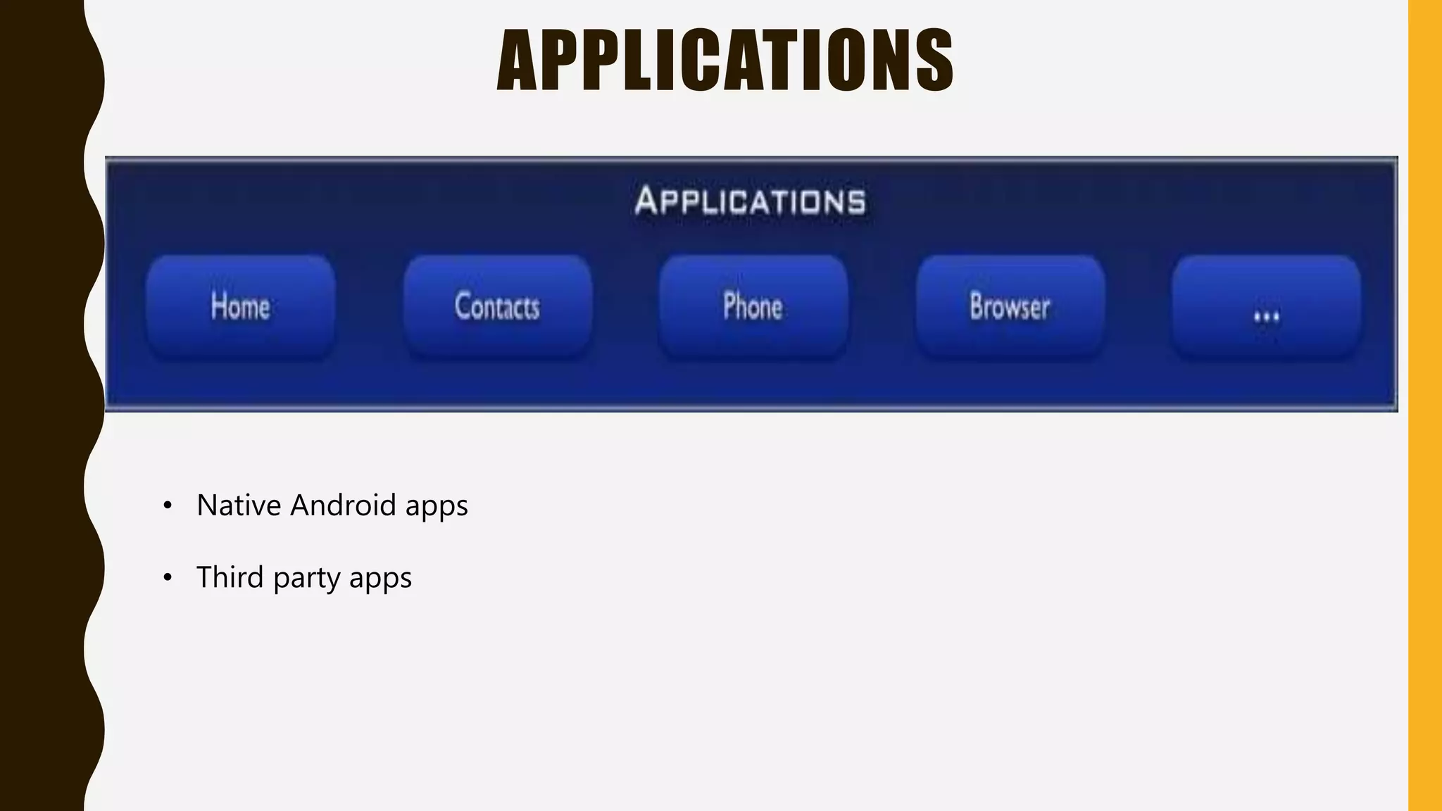 APPLICATIONS
• Native Android apps
• Third party apps
 