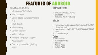 FEATURES OF ANDROID
GENERAL FEATURES
• Messaging(SMS,MMS)
• Web browser
• Voice-based features(Android
4.1)
• Multi-touch
• Multitasking
• Screen capture
• Video calling
• Multiple language support
• Accessibility
• Own app store(Google Play
Store)
CONNECTIVITY
• Cellular calling(2G,3G,4G)
• Bluetooth
• Tethering (Wi-Fi Hotspot)
Media
• Streaming media support(Flash plugin, RTP/RTSP
streaming etc)
• Media support(MP3, MPEG-4,MIDI,WAV,JPG,PNG
etc)
• External storage
Other
• Java support
• Handset layouts
• Storage
• Native Apps
• Instant Apps
 