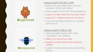 Android 2.3(API 9-10) DEC 6, 2010
• Support for extra-large screen sizes and
resolutions (WXGA and higher).
• Native support for SIP VoIP internet telephony.
• Support for Near Field Communication (NFC).
• Support for multiple cameras on the device.
• Concurrent garbage collection for increased
performance.
Android 3.0(API 11) FEB 22, 2011
• Optimized tablet support with a new
“holographic” user interface.
• Ability to encrypt all user data.
• Update to Android Market with automatic
updates.
• Support for external keyboards and pointing
devices.
 