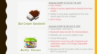 Android 4.0(API 14-15) OCT 18, 2011
• Face Unlock.
• Ability to access applications directly from lock
screen.
• Ability to shut down applications from the
recent apps list with a swipe.
• Wi-Fi Direct.
Android 4.1(API 16-18) JULY 9, 2012
• Expandable notifications.
• Bluetooth data transfer for Android Beam.
• Multiple user accounts (tablets only).
• Group Messaging.
• Volume for incoming calls (ringtone) and
notification alerts is no longer adjustable
separately.
• Background Wi-Fi location still runs even when
Wi-Fi is turned off.
 