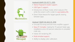 Android 6.0(API 23) OCT 5, 2015
• Native fingerprint reader support.
• USB Type-C support.
• Introduction of Doze mode, which reduces CPU
while the screen is off in order to save battery life.
• Direct Share feature for target-specific sharing
between apps.
Android 7.0(API 24) AUG 22, 2016
• Unicode 9.0 emoji and skin tone modifier support.
• New JIT Compiler, making for 75 percent faster app
installations and a 50 percent reduction in compiled
code size.
• Vulkan 3D rendering API.
• Multi-window support.
• Ability to display color calibration.
 