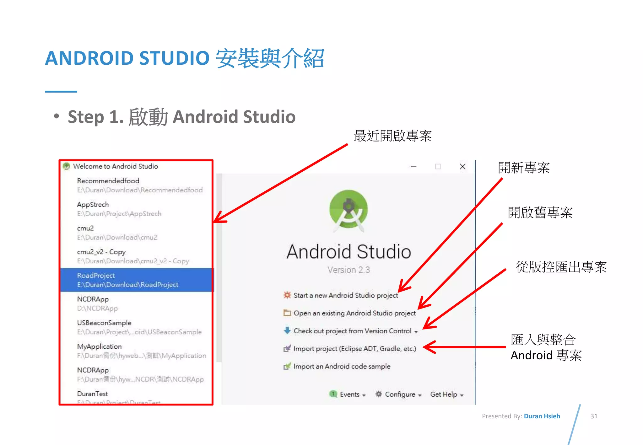 31Presented By: Duran Hsieh
ANDROID STUDIO 安裝與介紹
• Step 1. 啟動 Android Studio
最近開啟專案
開新專案
開啟舊專案
從版控匯出專案
匯入與整合
Android 專案
 