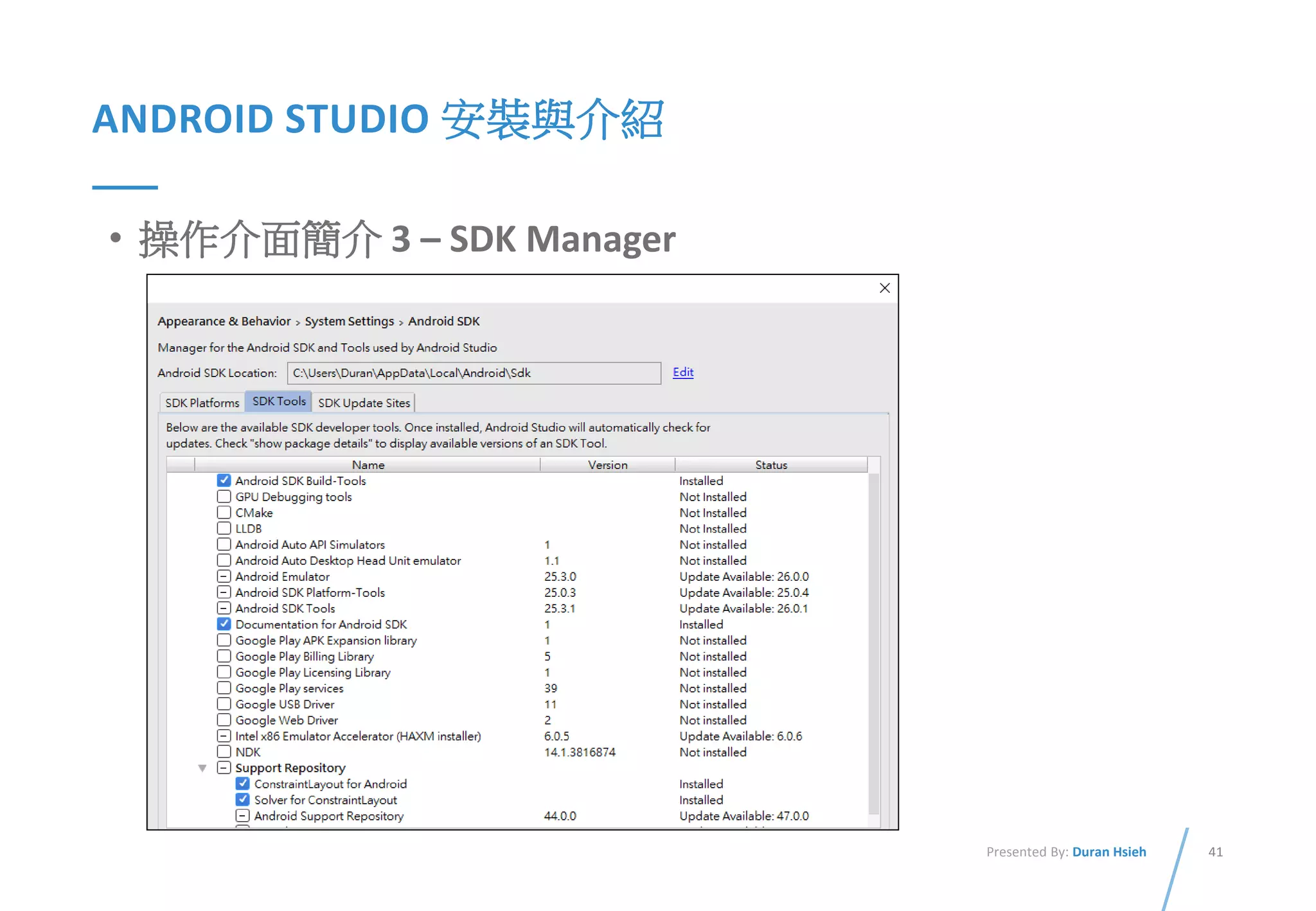 41Presented By: Duran Hsieh
ANDROID STUDIO 安裝與介紹
• 操作介面簡介 3 – SDK Manager
 