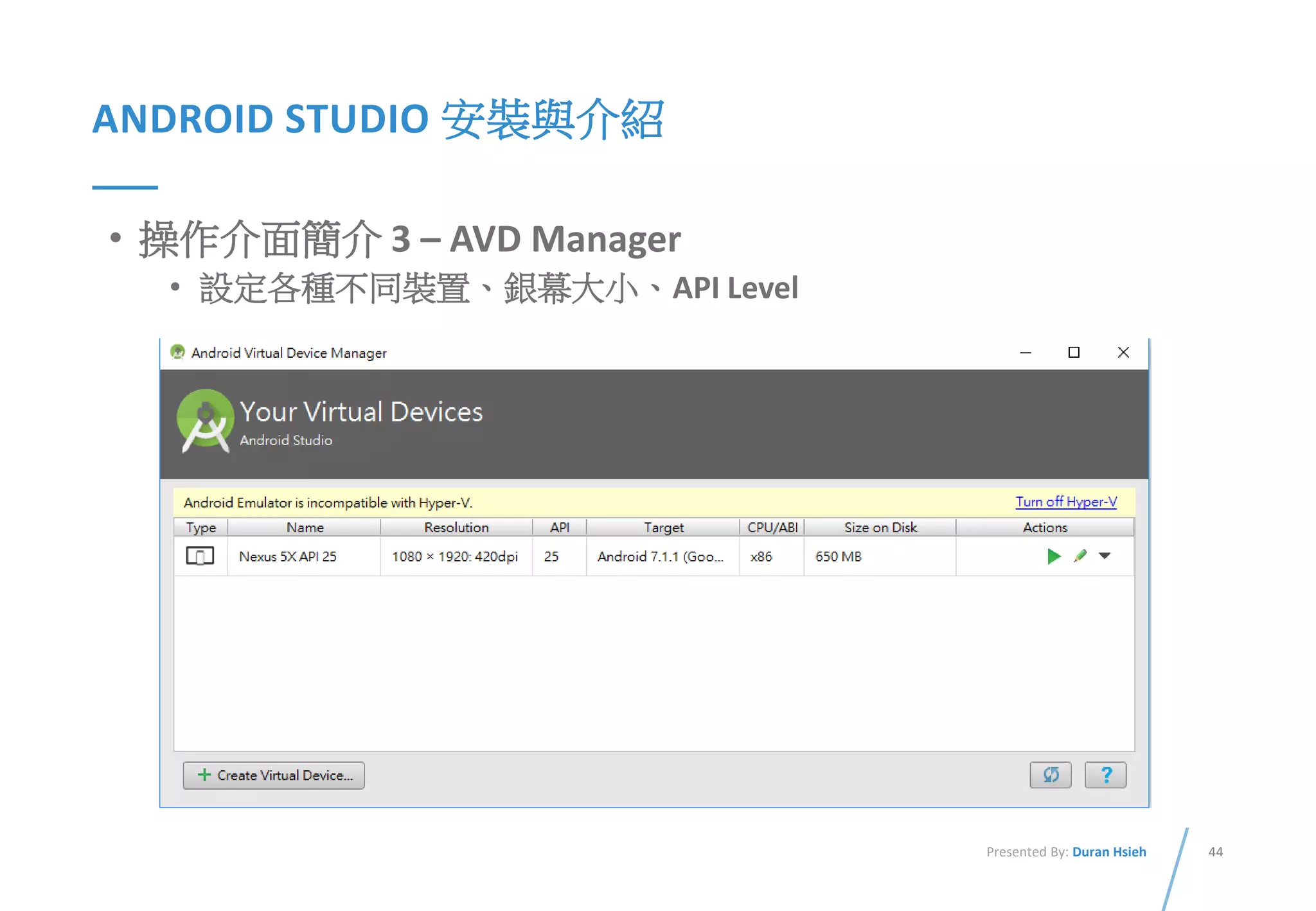 44Presented By: Duran Hsieh
ANDROID STUDIO 安裝與介紹
• 操作介面簡介 3 – AVD Manager
• 設定各種不同裝置、銀幕大小、API Level
 