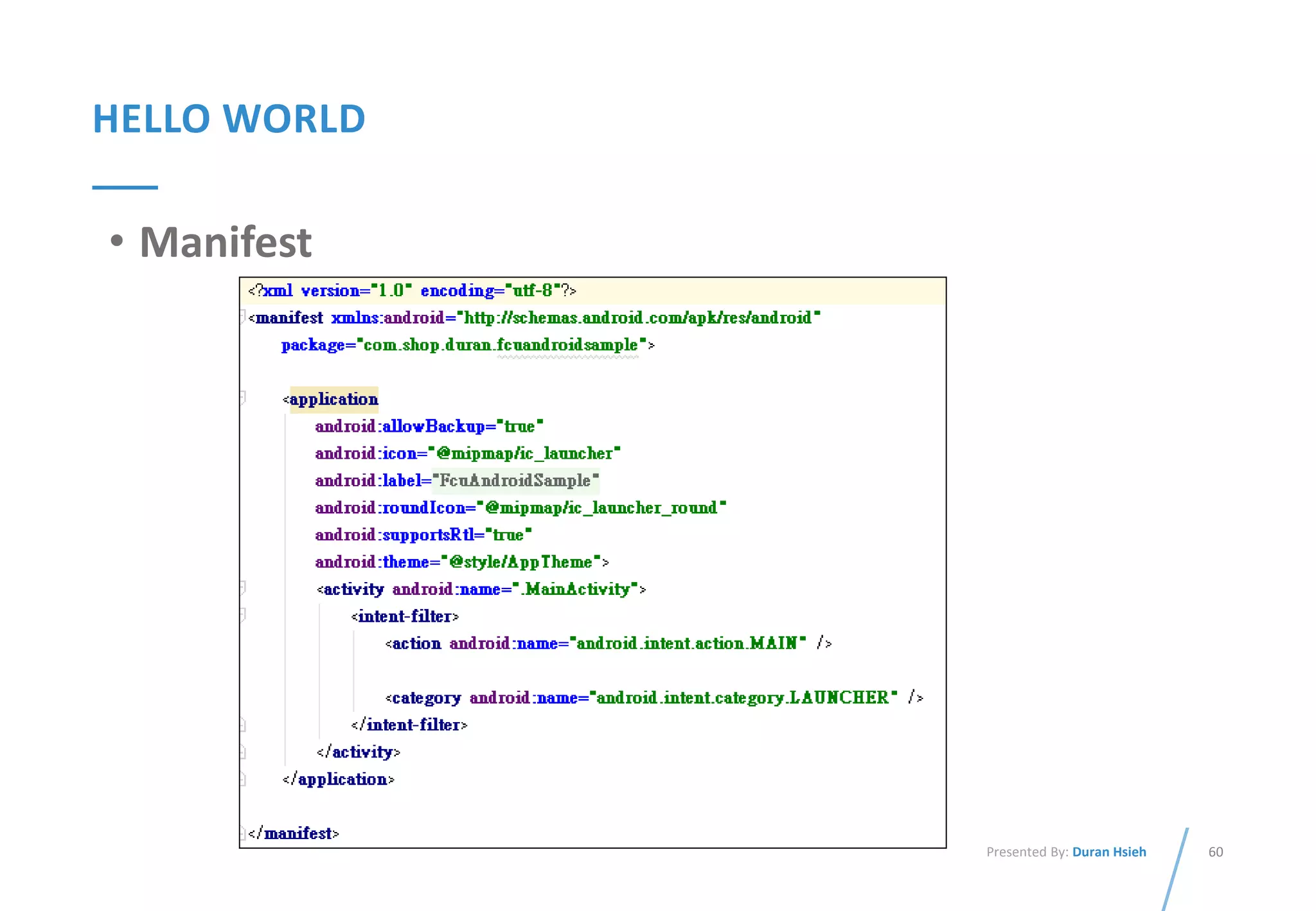 60Presented By: Duran Hsieh
HELLO WORLD
• Manifest
 