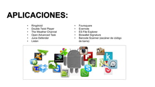 • Ringdroid
• Double Twist Player
• The Weather Channel
• Open Advanced Task
• Juice Defender
• Listen
• Foursquare
• Evernote
• ES File Explorer
• Biowallet Signature
• Barcode Scanner (escáner de código
de barra)
 