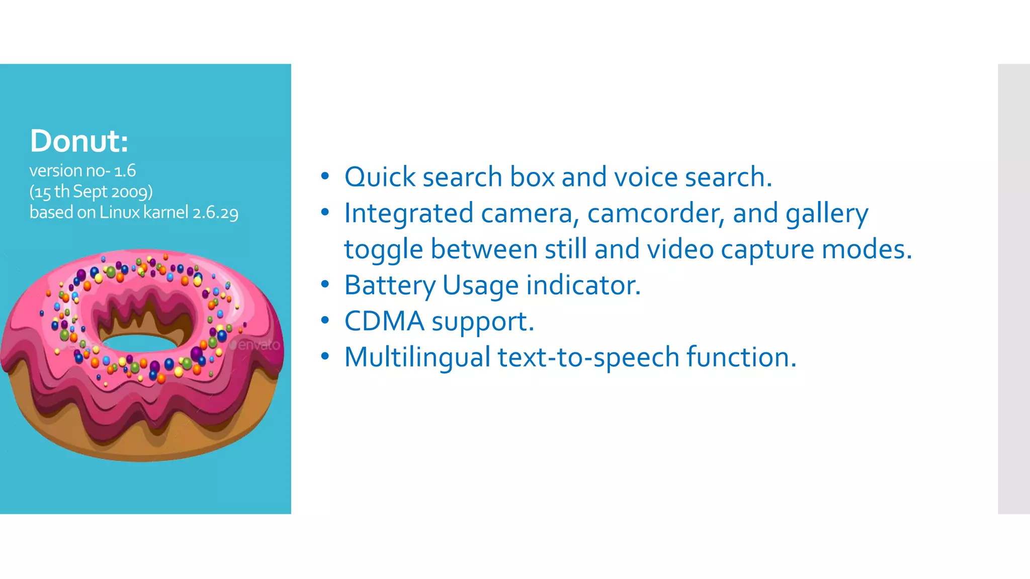 Donut:
versionno-1.6
(15thSept2009)
basedonLinuxkarnel2.6.29
• Quick search box and voice search.
• Integrated camera, camcorder, and gallery
toggle between still and video capture modes.
• Battery Usage indicator.
• CDMA support.
• Multilingual text-to-speech function.
 