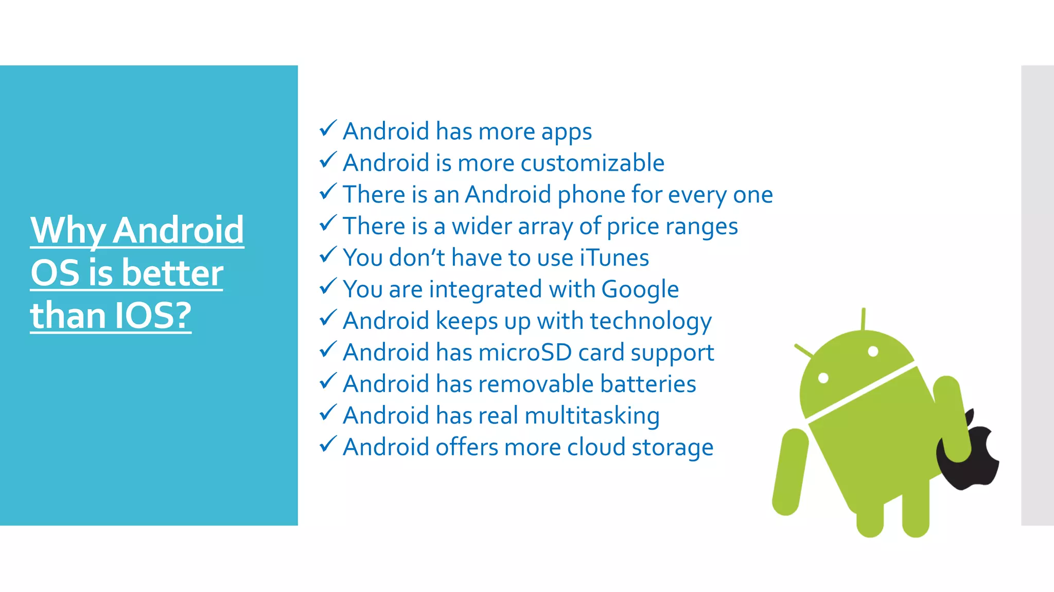 WhyAndroid
OS is better
than IOS?
 Android has more apps
 Android is more customizable
 There is an Android phone for every one
 There is a wider array of price ranges
 You don’t have to use iTunes
 You are integrated with Google
 Android keeps up with technology
 Android has microSD card support
 Android has removable batteries
 Android has real multitasking
 Android offers more cloud storage
 