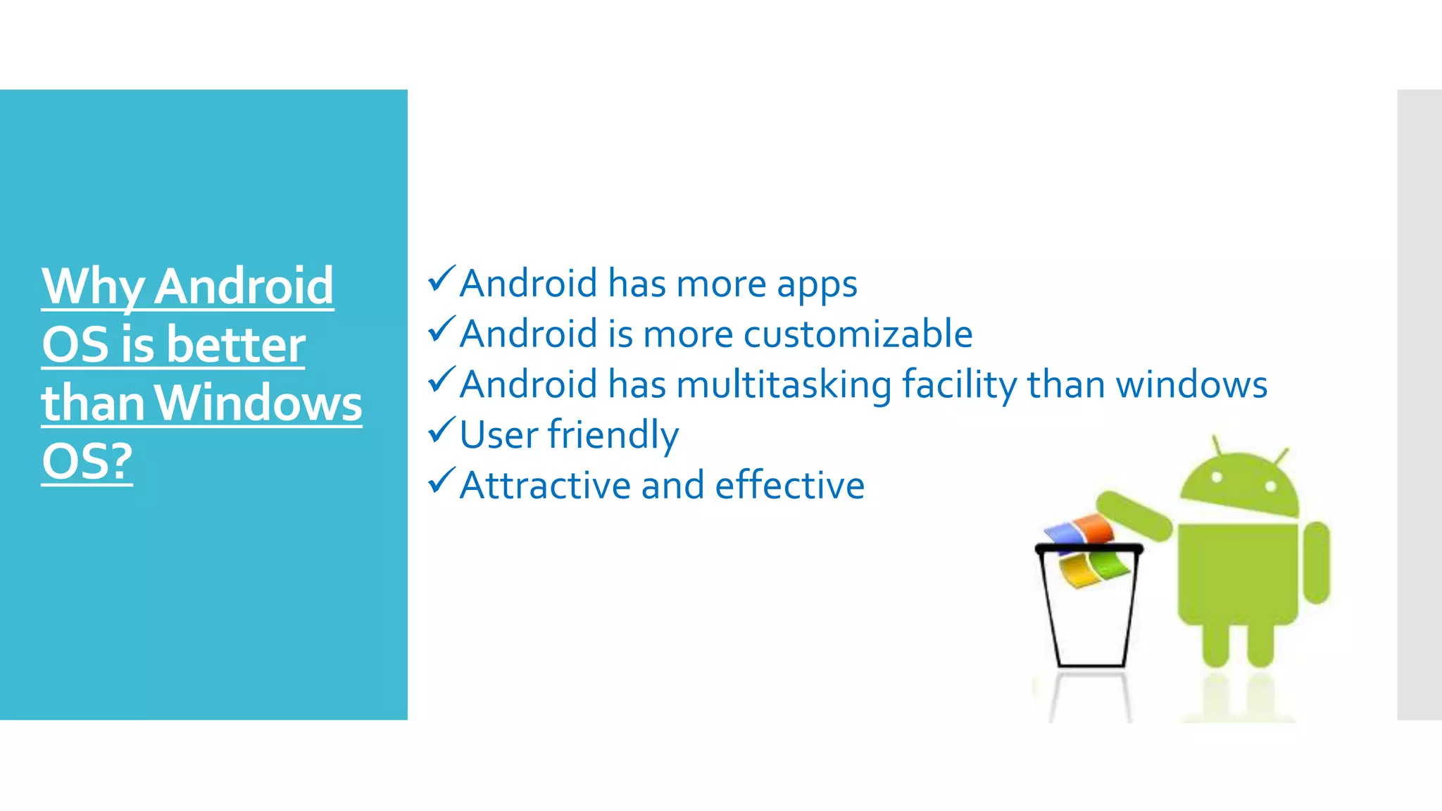 WhyAndroid
OS is better
thanWindows
OS?
Android has more apps
Android is more customizable
Android has multitasking facility than windows
User friendly
Attractive and effective
 