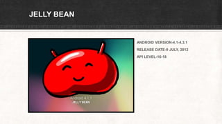 JELLY BEAN
ANDROID VERSION-4.1-4.3.1
RELEASE DATE-9 JULY, 2012
API LEVEL-16-18
 