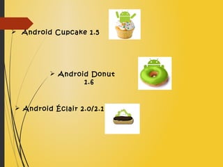  Android Cupcake 1.5
 Android Donut
1.6
 Android Éclair 2.0/2.1
 