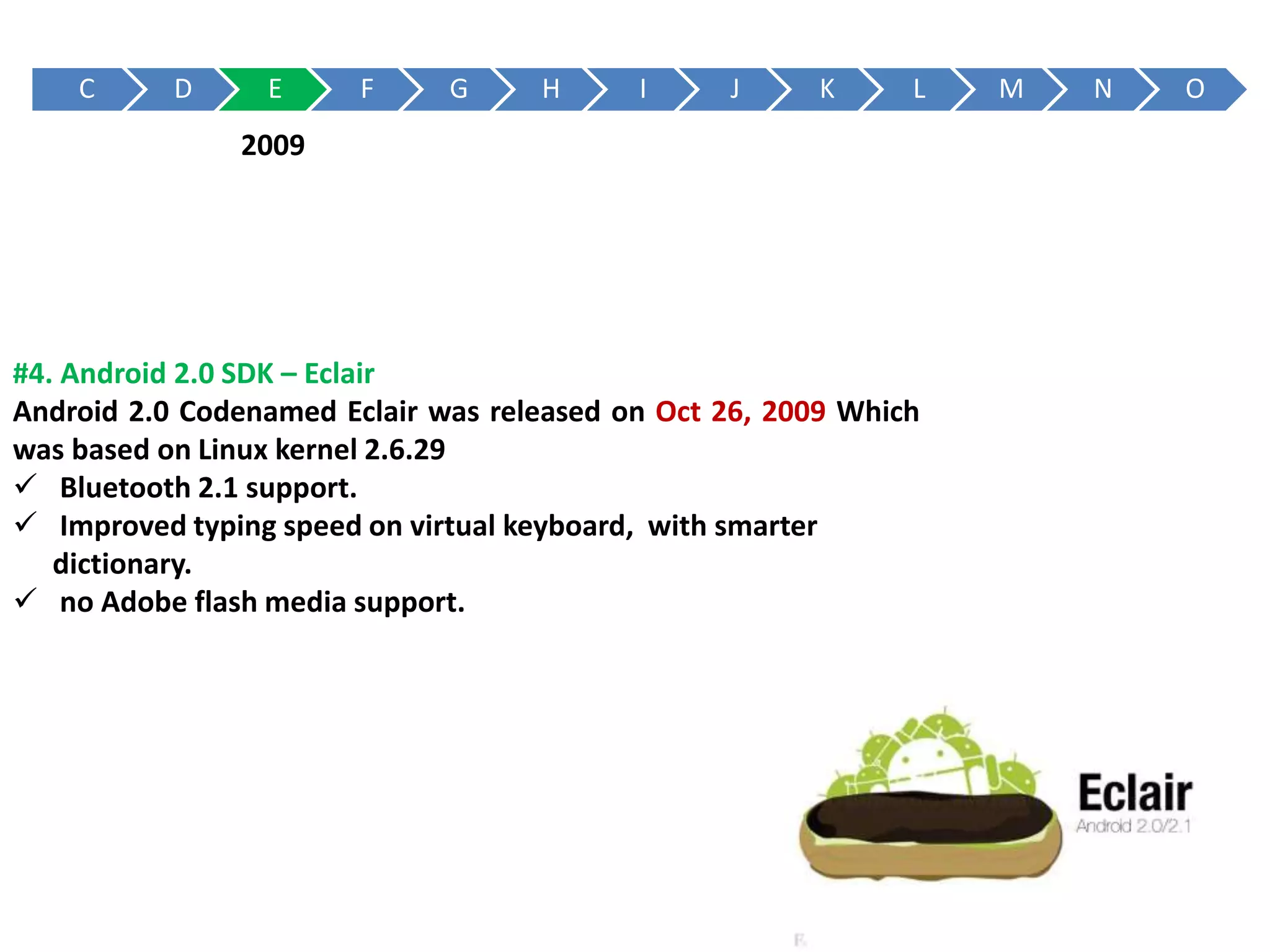 C D E F G H I J K L M N O
#4. Android 2.0 SDK – Eclair
Android 2.0 Codenamed Eclair was released on Oct 26, 2009 Which
was based on Linux kernel 2.6.29
 Bluetooth 2.1 support.
 Improved typing speed on virtual keyboard, with smarter
dictionary.
 no Adobe flash media support.
2009
 