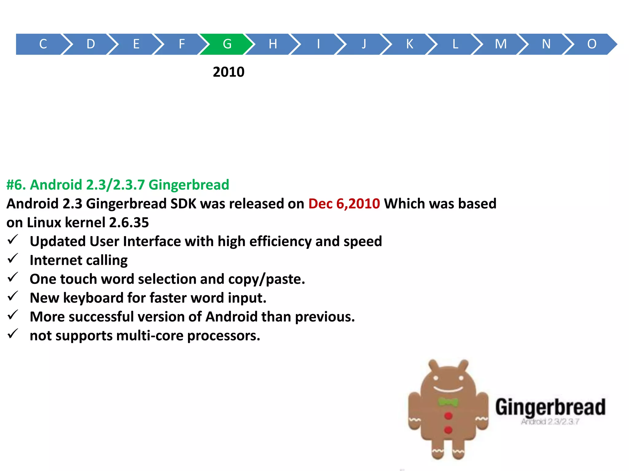 C D E F G H I J K L M N O
#6. Android 2.3/2.3.7 Gingerbread
Android 2.3 Gingerbread SDK was released on Dec 6,2010 Which was based
on Linux kernel 2.6.35
 Updated User Interface with high efficiency and speed
 Internet calling
 One touch word selection and copy/paste.
 New keyboard for faster word input.
 More successful version of Android than previous.
 not supports multi-core processors.
2010
 