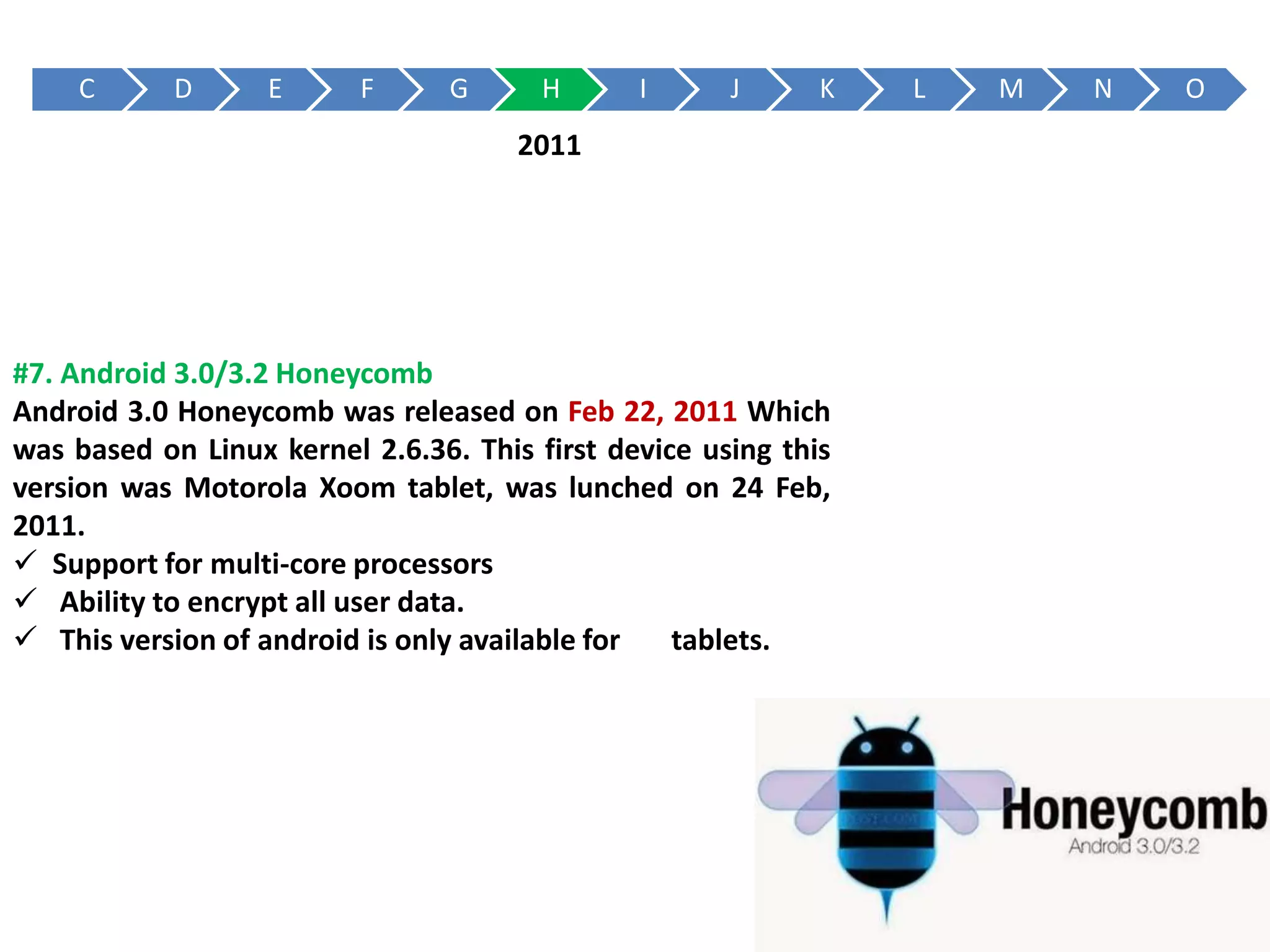 C D E F G H I J K L M N O
#7. Android 3.0/3.2 Honeycomb
Android 3.0 Honeycomb was released on Feb 22, 2011 Which
was based on Linux kernel 2.6.36. This first device using this
version was Motorola Xoom tablet, was lunched on 24 Feb,
2011.
 Support for multi-core processors
 Ability to encrypt all user data.
 This version of android is only available for tablets.
2011
 