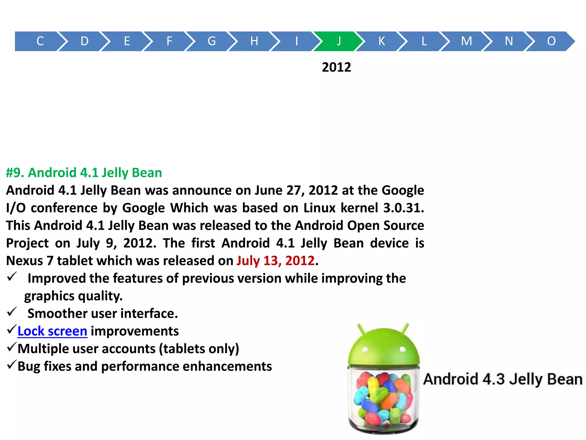 C D E F G H I J K L M N O
#9. Android 4.1 Jelly Bean
Android 4.1 Jelly Bean was announce on June 27, 2012 at the Google
I/O conference by Google Which was based on Linux kernel 3.0.31.
This Android 4.1 Jelly Bean was released to the Android Open Source
Project on July 9, 2012. The first Android 4.1 Jelly Bean device is
Nexus 7 tablet which was released on July 13, 2012.
 Improved the features of previous version while improving the
graphics quality.
 Smoother user interface.
Lock screen improvements
Multiple user accounts (tablets only)
Bug fixes and performance enhancements
2012
 