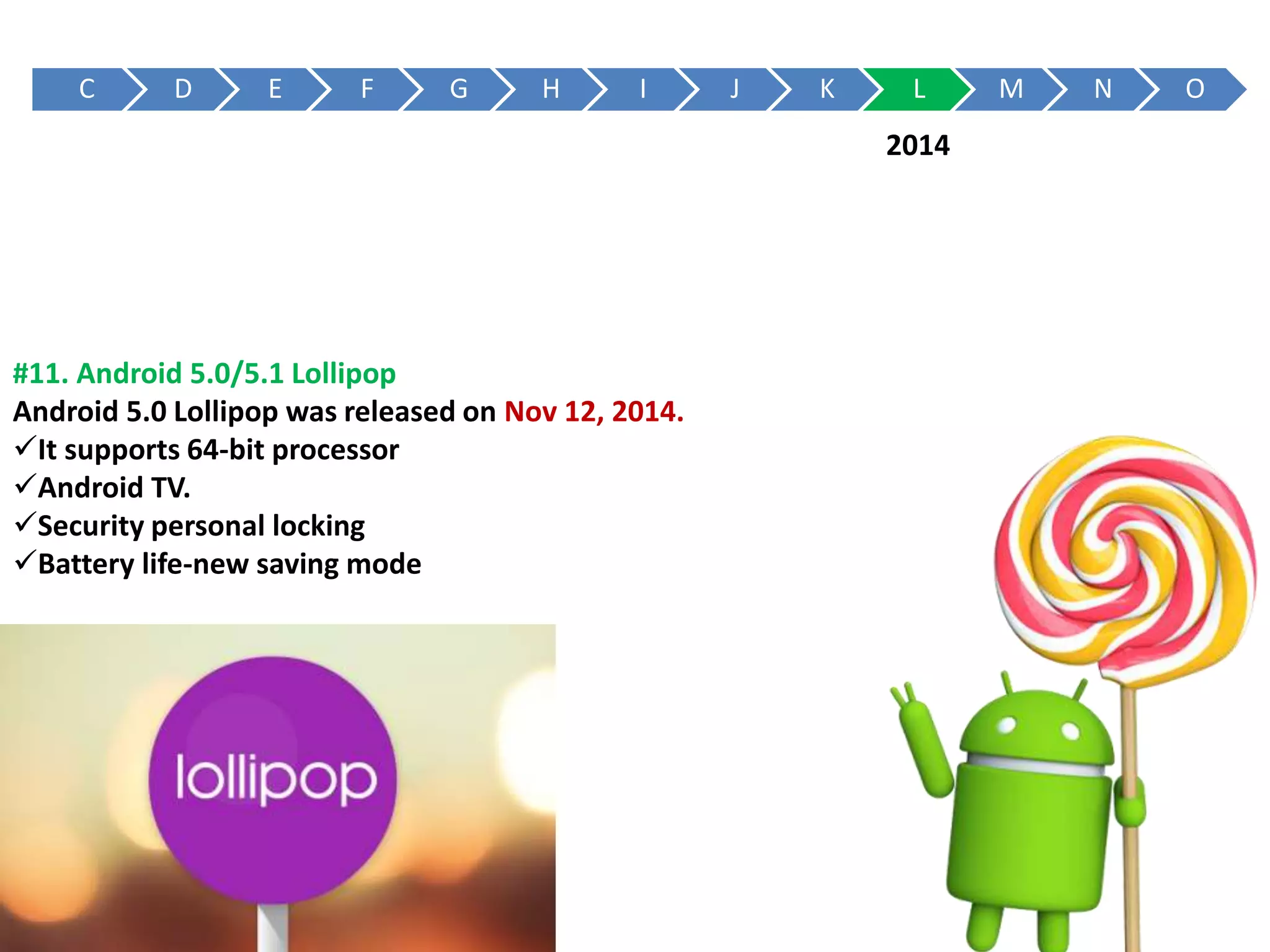 C D E F G H I J K L M N O
#11. Android 5.0/5.1 Lollipop
Android 5.0 Lollipop was released on Nov 12, 2014.
It supports 64-bit processor
Android TV.
Security personal locking
Battery life-new saving mode
2014
 