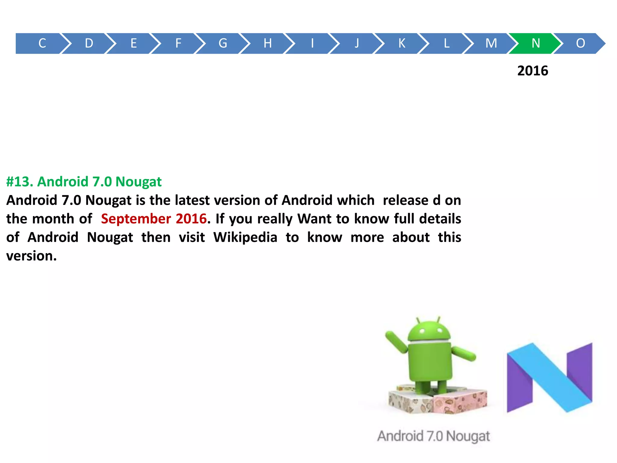 C D E F G H I J K L M N O
#13. Android 7.0 Nougat
Android 7.0 Nougat is the latest version of Android which release d on
the month of September 2016. If you really Want to know full details
of Android Nougat then visit Wikipedia to know more about this
version.
2016
 