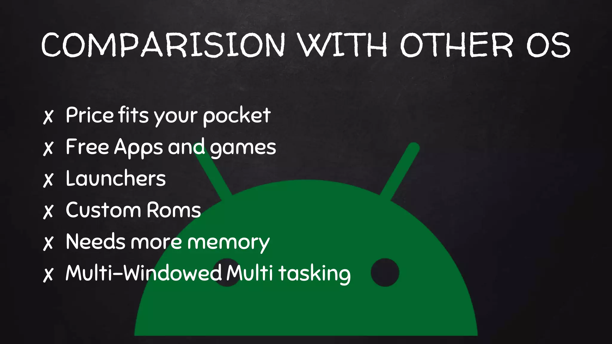 COMPARISION WITH OTHER OS
✘ Price fits your pocket
✘ Free Apps and games
✘ Launchers
✘ Custom Roms
✘ Needs more memory
✘ Multi-Windowed Multi tasking
 