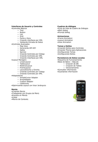 Interfaces de Usuario y Controles
•Controles Básicos
− Text
− Button
− List
− Grid
− Fecha y Hora
− Creando interfaces por XML
− Validando Entrada de Datos
•Controles Avanzados
− Map View
− Generando API KEY
− Galley
− Spinner
− Creando Controles por Código
− Creando Controles por XML
− Creando Interfaces por XML
•Layout Managers
− LinearLayout
− TableLayout
− RelativeLayout
− FrameLayout
− LayoutGravity y Gravity
− Creando Controles por Código
− Creando Controles por XML
•Adaptadores
− SimpleCursor Adapter
− ArrayAdapter
− Custom Adapter
− ListActivity
•Optimizando Layout con Visor Jerárquico
Menús
•Creando Menús
•Trabajando con Grupos de Menú
•Eventos en Menús
•Listas
•Menús de Contexto

Cuadros de diálogos
•Ciclo de Vida de Cuadro de Diálogos
•Alert dialog
•Prompt dialog
Animaciones
•Frame Animation
•Layout Animation
•View Animation
Temas y Estilos
•Creando Estilos para Controles
•Creando Thema para Aplicaciones
•Configurando Temas
•Configurando Estilos
Persistencia de Datos Locales
•Esquema de Funcionamiento
•Base de Batos – SQLLite
− Creación de DB
− Creación de Tablas
− Versionamiento
•Consultar información
•Guardando información

 