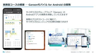 Androidエンジニア向けインターンの紹介
実務型コースの概要 ─ Garoonモバイル for Android の開発
10
サイボウズのグループウェア「Garoon」の
Androidアプリの開発を体験していただきます
実際のプロダクトコードに触れて、
サイボウズのエンジニアの仕事を体験できます
 