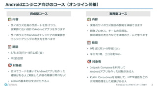 Androidエンジニア向けインターンの紹介
Androidエンジニア向けのコース（オンライン開催）
内容
• サイボウズ社員のサポートを受けつつ、
実業務に近い設計のAndroidアプリを作ります
• サイボウズでのAndroidエンジニアの実業務や
エンジニアリングの考え方を学べます
2
育成型コース 実務型コース
内容
• 実際のサイボウズ製品の開発を体験できます
• 開発プロセス、チームの雰囲気、
製品開発の考え方などを本物のチームで学べます
期間
• 8月18日(月)〜8月22日(金)
• 平日5日間
対象者
• 自分でコードを書いてAndroidアプリを作った
経験がある人 (実装した内容の規模は問わない）
• Kotlinの基本的な文法が分かる人
期間
• 9月1日(月)〜9月9日(火)
• 平日7日間、土日はお休み
対象者
• Jetpack Composeを利用して
Androidアプリを作った経験がある人
• Kotlin Coroutinesを利用して、HTTP通信などの
非同期処理をした経験がある人
 