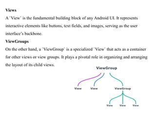 Views
A `View` is the fundamental building block of any Android UI. It represents
interactive elements like buttons, text fields, and images, serving as the user
interface’s backbone.
ViewGroups
On the other hand, a `ViewGroup` is a specialized `View` that acts as a container
for other views or view groups. It plays a pivotal role in organizing and arranging
the layout of its child views.
 