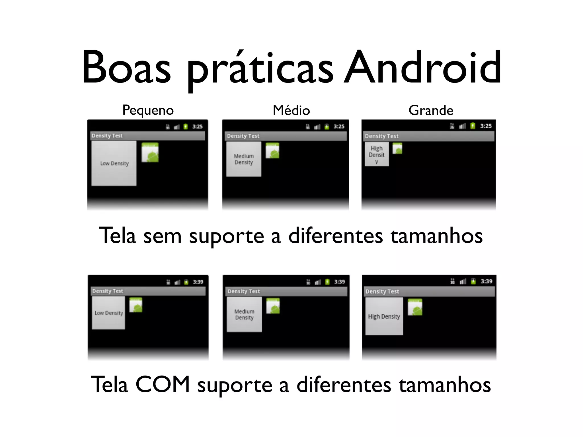 Boas práticas Android
  Pequeno        Médio        Grande




Tela sem suporte a diferentes tamanhos




Tela COM suporte a diferentes tamanhos
 