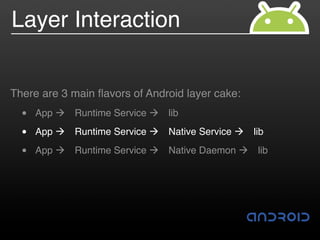 Layer Interaction


There are 3 main ﬂavors of Android layer cake:
  •   App !   Runtime Service !   lib

  •   App !   Runtime Service !   Native Service !   lib

  •   App !   Runtime Service !   Native Daemon !     lib
 