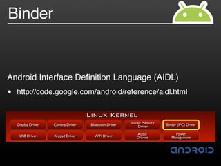 Binder


Android Interface Deﬁnition Language (AIDL)
•   http://code.google.com/android/reference/aidl.html

                                     Linux Kernel
                                                         Shared Memory
    Display Driver   Camera Driver    Bluetooth Driver        Driver     Binder (IPC) Driver

                                                            Audio             Power
     USB Driver      Keypad Driver      WiFi Driver         Drivers         Management
 