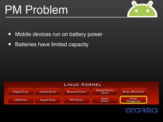 PM Problem

•     Mobile devices run on battery power

•     Batteries have limited capacity




                                     Linux Kernel
                                                         Shared Memory
    Display Driver   Camera Driver    Bluetooth Driver        Driver     Binder (IPC) Driver

                                                            Audio             Power
     USB Driver      Keypad Driver      WiFi Driver         Drivers         Management
 