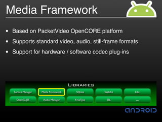 Media Framework
•   Based on PacketVideo OpenCORE platform

•   Supports standard video, audio, still-frame formats

•   Support for hardware / software codec plug-ins




                                        Libraries
    Surface Manager   Media Framework     SQLite     WebKit   Libc

      OpenGL|ES        Audio Manager      FreeType    SSL     …
 