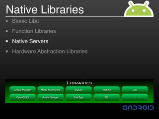 Native Libraries
•   Bionic Libc

•   Function Libraries

•   Native Servers

•   Hardware Abstraction Libraries




                                        Libraries
    Surface Manager   Media Framework     SQLite     WebKit   Libc

      OpenGL|ES        Audio Manager      FreeType    SSL     …
 