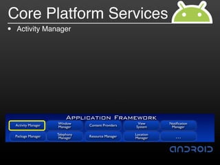 Core Platform Services
•   Activity Manager




                            Application Framework
    Activity Manager   Window                           View      Notiﬁcation
                       Manager     Content Providers   System      Manager

                       Telephony                       Location
    Package Manager     Manager    Resource Manager    Manager       …
 