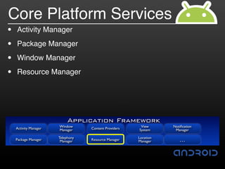 Core Platform Services
•   Activity Manager

•   Package Manager

•   Window Manager

•   Resource Manager




                            Application Framework
    Activity Manager   Window                           View      Notiﬁcation
                       Manager     Content Providers   System      Manager

                       Telephony                       Location
    Package Manager     Manager    Resource Manager    Manager       …
 