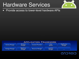 Hardware Services
•   Provide access to lower-level hardware APIs




                            Application Framework
    Activity Manager   Window                           View      Notiﬁcation
                       Manager     Content Providers   System      Manager

                       Telephony                       Location
    Package Manager     Manager    Resource Manager    Manager       …
 
