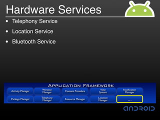 Hardware Services
•   Telephony Service

•   Location Service

•   Bluetooth Service




                            Application Framework
    Activity Manager   Window                           View      Notiﬁcation
                       Manager     Content Providers   System      Manager

                       Telephony                       Location
    Package Manager     Manager    Resource Manager    Manager       …
 