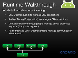 Runtime Walkthrough
Init starts Linux daemons, including:
  •   USB Daemon (usbd) to manage USB connections

  •   Android Debug Bridge (adbd) to manage ADB connections

  •   Debugger Daemon (debuggerd) to manage debug processes
      requests (dump memory, etc.)

  •   Radio Interface Layer Daemon (rild) to manage communication
      with the radio




  usbd        adbd          debuggerd   rild



                     Init
 
