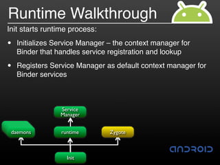 Runtime Walkthrough
Init starts runtime process:

•   Initializes Service Manager – the context manager for
    Binder that handles service registration and lookup

•   Registers Service Manager as default context manager for
    Binder services



                 Service
                 Manager

 usbd
  adbd
debuggerd
 daemons         runtime        Zygote



                   Init
 