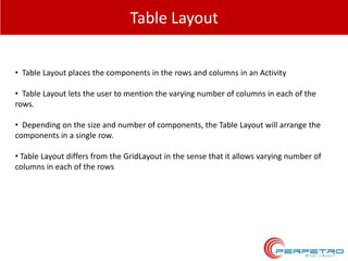 Table Layout
• Table Layout places the components in the rows and columns in an Activity
• Table Layout lets the user to mention the varying number of columns in each of the
rows.
• Depending on the size and number of components, the Table Layout will arrange the
components in a single row.
• Table Layout differs from the GridLayout in the sense that it allows varying number of
columns in each of the rows

 