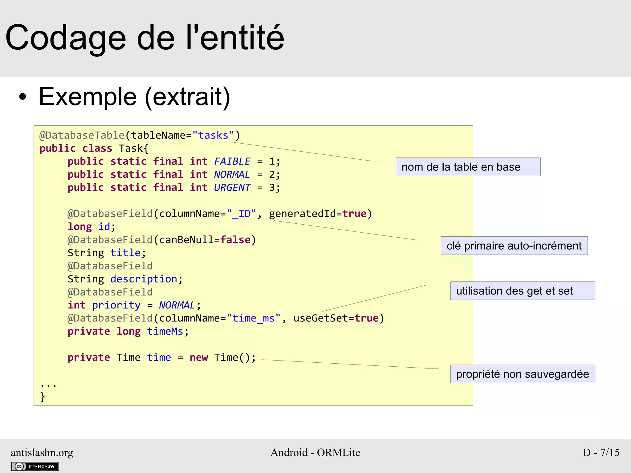antislashn.org Android - ORMLite D - 7/15
Codage de l'entité
● Exemple (extrait)
@DatabaseTable(tableName="tasks")
public class Task{
public static final int FAIBLE = 1;
public static final int NORMAL = 2;
public static final int URGENT = 3;
@DatabaseField(columnName="_ID", generatedId=true)
long id;
@DatabaseField(canBeNull=false)
String title;
@DatabaseField
String description;
@DatabaseField
int priority = NORMAL;
@DatabaseField(columnName="time_ms", useGetSet=true)
private long timeMs;
private Time time = new Time();
...
}
propriété non sauvegardée
nom de la table en base
clé primaire auto-incrément
utilisation des get et set
 
