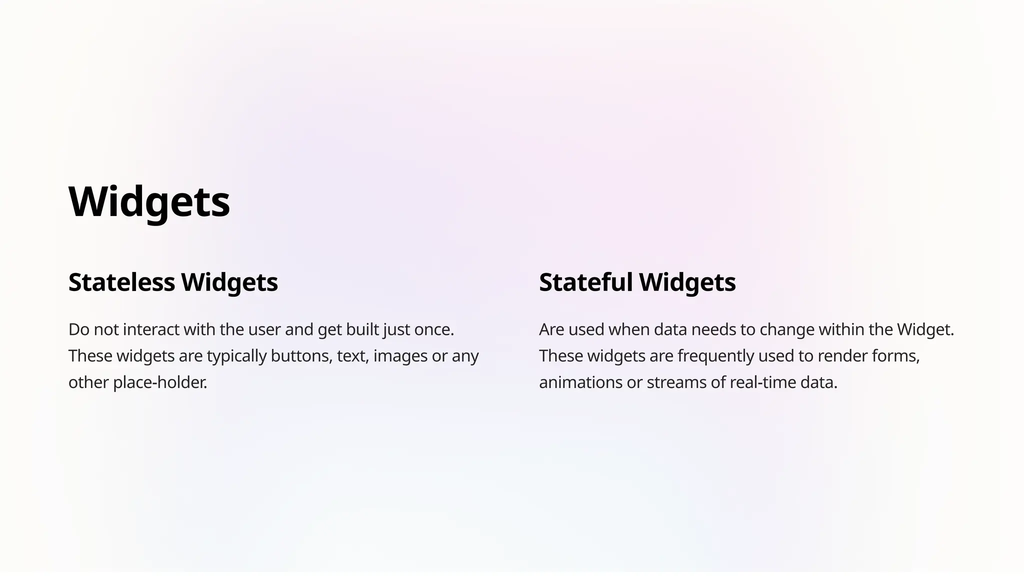 Widgets
Stateless Widgets
Do not interact with the user and get built just once.
These widgets are typically buttons, text, images or any
other place-holder.
Stateful Widgets
Are used when data needs to change within the Widget.
These widgets are frequently used to render forms,
animations or streams of real-time data.
 
