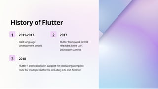 History of Flutter
1 2011-2017
Dart language
development begins
2 2017
Flutter framework is first
released at the Dart
Developer Summit
3 2018
Flutter 1.0 released with support for producing compiled
code for multiple platforms including iOS and Android
 