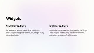 Widgets
Stateless Widgets
Do not interact with the user and get built just once.
These widgets are typically buttons, text, images or any
other place-holder.
Stateful Widgets
Are used when data needs to change within the Widget.
These widgets are frequently used to render forms,
animations or streams of real-time data.
 