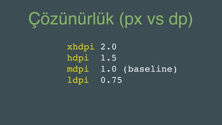 Çözünürlük (px vs dp)
xhdpi 2.0
hdpi 1.5
mdpi 1.0 (baseline)
ldpi 0.75
 