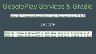 GooglePlay Services & Gradle
compile 'com.google.android.gms:play-services-fitness:7.3.0'
compile 'com.google.android.gms:play-services-wearable:7.3.0'
compile 'com.google.android.gms:play-services:7.3.0'
yerine
 