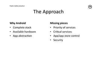 Public	
  Safety	
  SoluTon	
  



                                  The	
  Approach	
  

Why	
  Android	
                            Missing	
  pieces	
  
•  Complete	
  stack	
                      •  Priority	
  of	
  services	
  
•  Available	
  hardware	
                  •  CriTcal	
  services	
  
•  App	
  abstracTon	
                      •  App/app	
  store	
  control	
  
                                            •  Security	
  
 